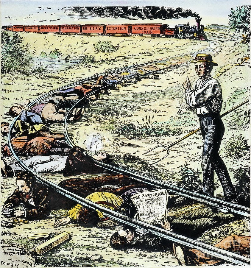 "The Grange Awakening the Sleepers" (1873): A farmer is trying to warn people about a train labeled "consolidation, extortion, and bribery." The cartoon reflects the activism of the Grange, an agricultural advocacy group founded in 1867. The Grange lobbied for political goals, including the Granger Laws to regulate railroad rates and rural free mail delivery. While the Granger Laws had limited effectiveness, they set an important precedent for state and federal regulation of private enterprise.